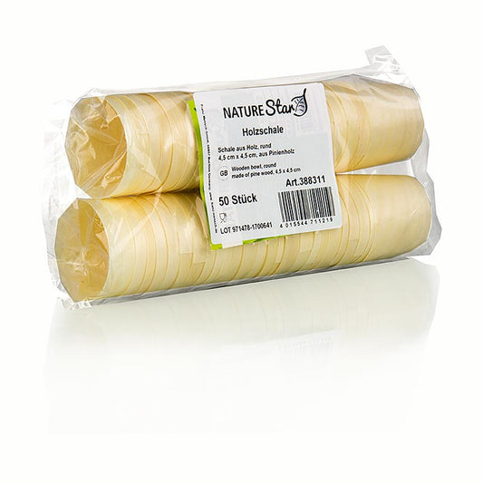Paquet de 50 timbales (gobelets) en bois jetables mesurant Ø4,5cm et 4,5cm de haut (ne contient pas de liquide) pour un service respectueux de l'environnement.