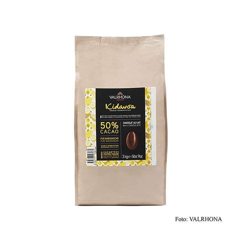 Un paquet de 3 kg de Valrhona Kidavoa Couverture 50% Callets, fabriqué avec du cacao doublement fermenté, parfait pour la pâtisserie et la confiserie.
