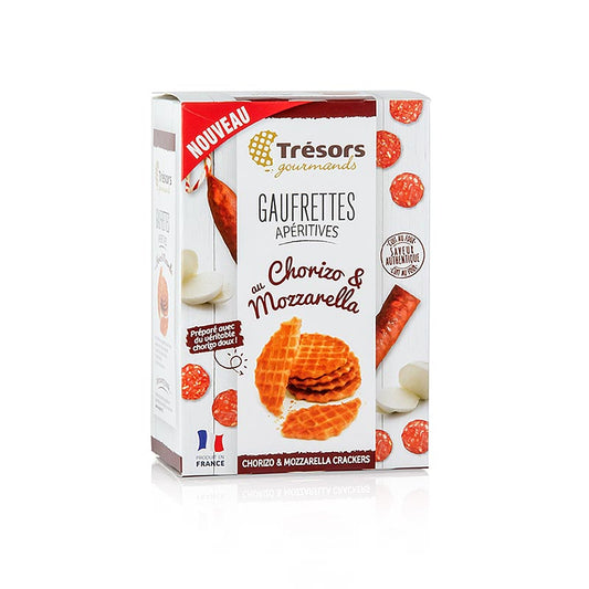 Barsnack Trésors - Gaufrettes, mini gaufres françaises au chorizo et à la mozzarella, 60g, parfaites pour un en-cas savoureux sur le pouce.