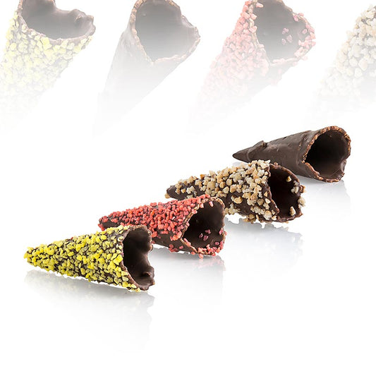 Mini-croissants dorés, assortiment de chocolats, 4 sortes, ø 2,5x7,5cm, 1,8 kg, 180 pièces - Délicieux mini-croissants dorés avec un assortiment de 4 sortes de chocolat, chacun d'un diamètre de 2,5 par 7,5 centimètres et d'un poids total de 1,8 kilogramme, comprenant 180 pièces.