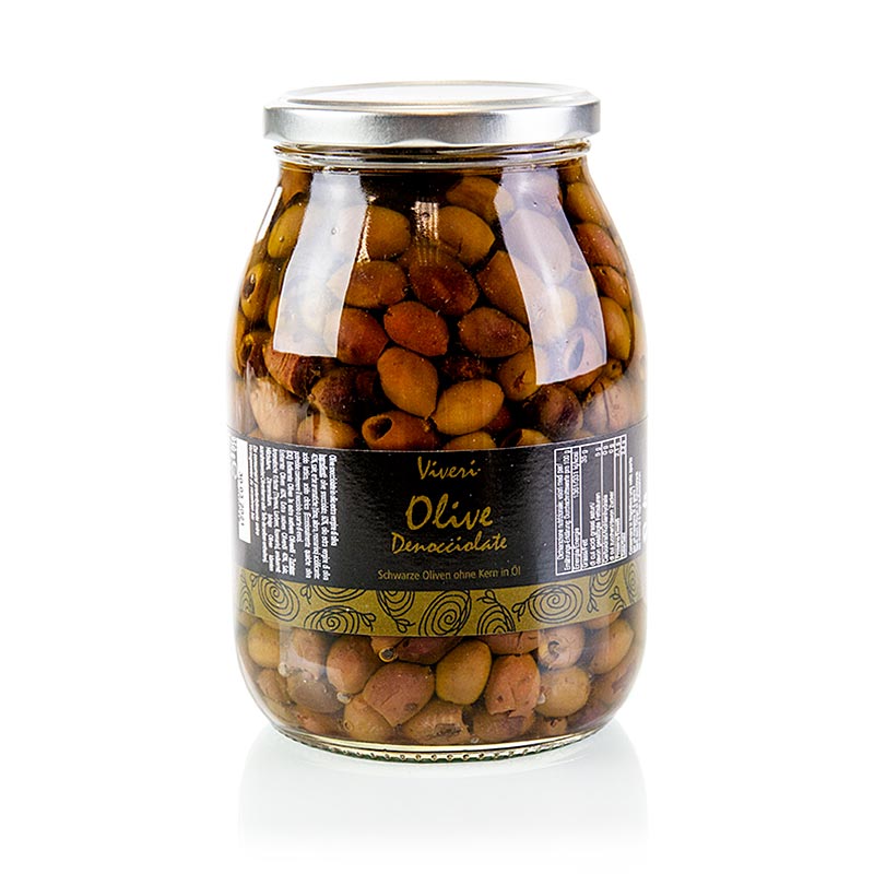 Olives noires dénoyautées, Leccino (Denocciolate), Viveri, 950 g - Un bocal rempli de délicieuses olives Leccino dénoyautées de Viveri