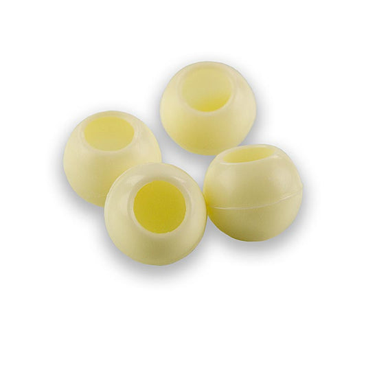 Boules de truffe creuses au chocolat blanc, 26 mm de diamètre, emballées par Läderach dans un carton de 1644 kg avec un total de 567 pièces.