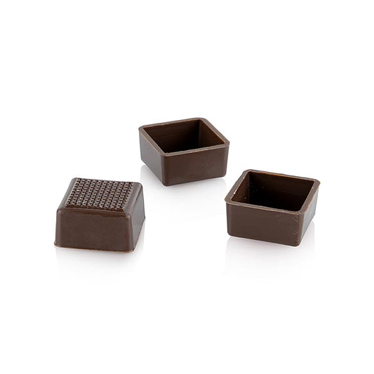 Coquilles Läderach Carré fabriquées à la main, d'une taille de 24/25 mm, à base de chocolat noir riche et onctueux, emballées dans une boîte en vrac contenant 784 pièces, pour un total de 2352 kg.