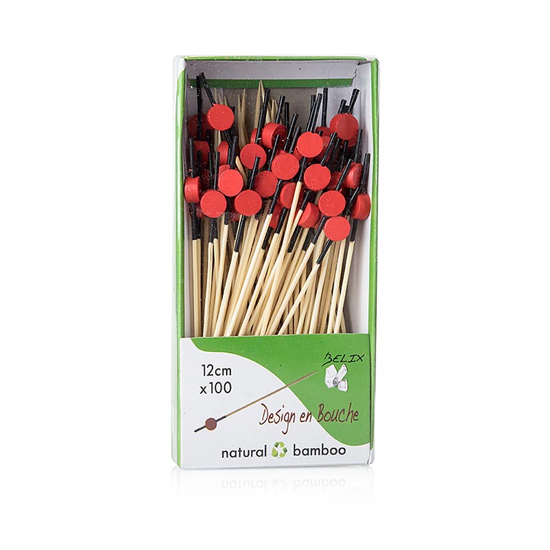 Brochettes en bambou avec extrémités noires et disques rouges, mesurant 12 cm, 100 pièces