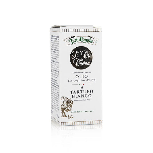 Flacon de 55 ml d'huile d'olive vierge extra Tartuflanghe L'Oro in Cucina à la truffe blanche et arôme, parfait pour les plats culinaires raffinés