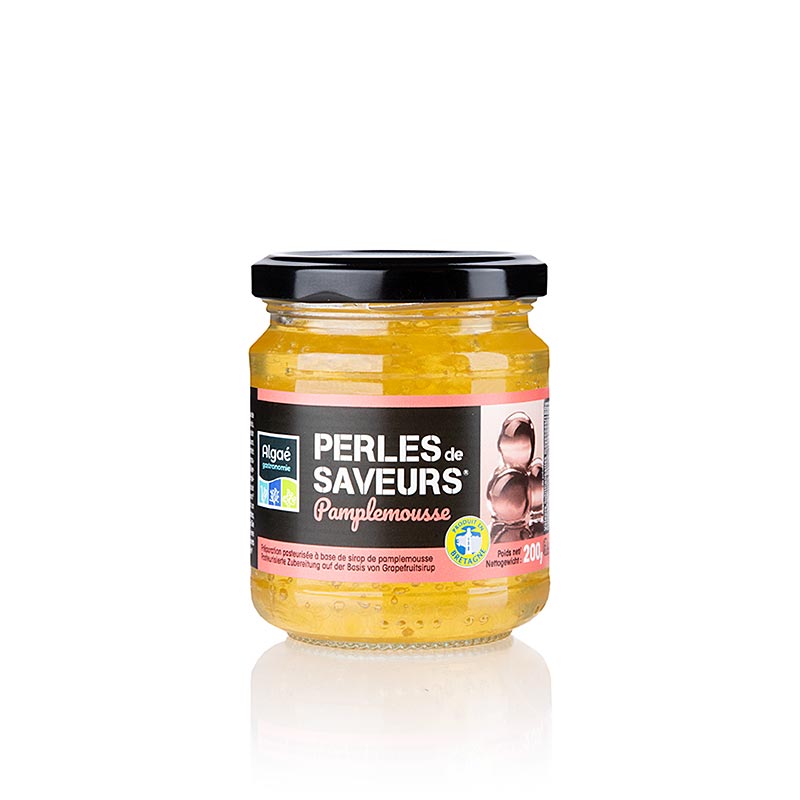 Gros plan sur 200g de Caviar de fruits Pamplemousse avec des perles de 5mm, de la marque Les Perles, un produit sphérique à base de fruits.