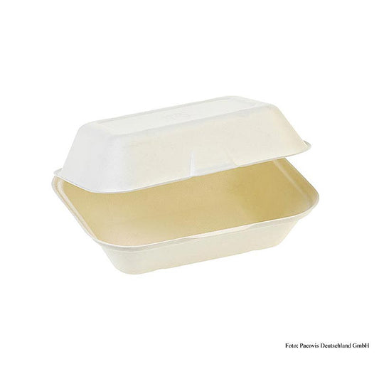 Boîte alimentaire biodégradable Naturesse avec couvercle à charnière, fabriquée à partir de canne à sucre, mesurant 235x195x74cm, livrée en paquet de 250 pièces.