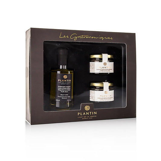 Coffret truffe trois pièces comprenant 100 ml d'huile de truffe noire, 40 g de carpaccio et 50 g de salsa de Plantin, pour un total de 190 g.