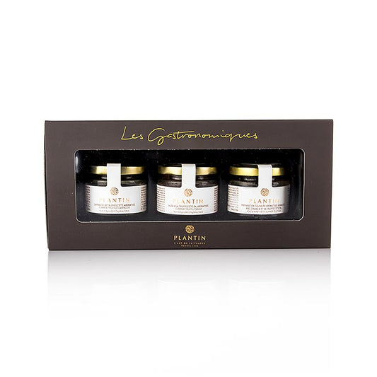 Coffret de trois truffes comprenant 40g de carpaccio de truffe, 50g de salsa de truffe et 50g de miel de truffe de Plantin, pour un total de 190g.