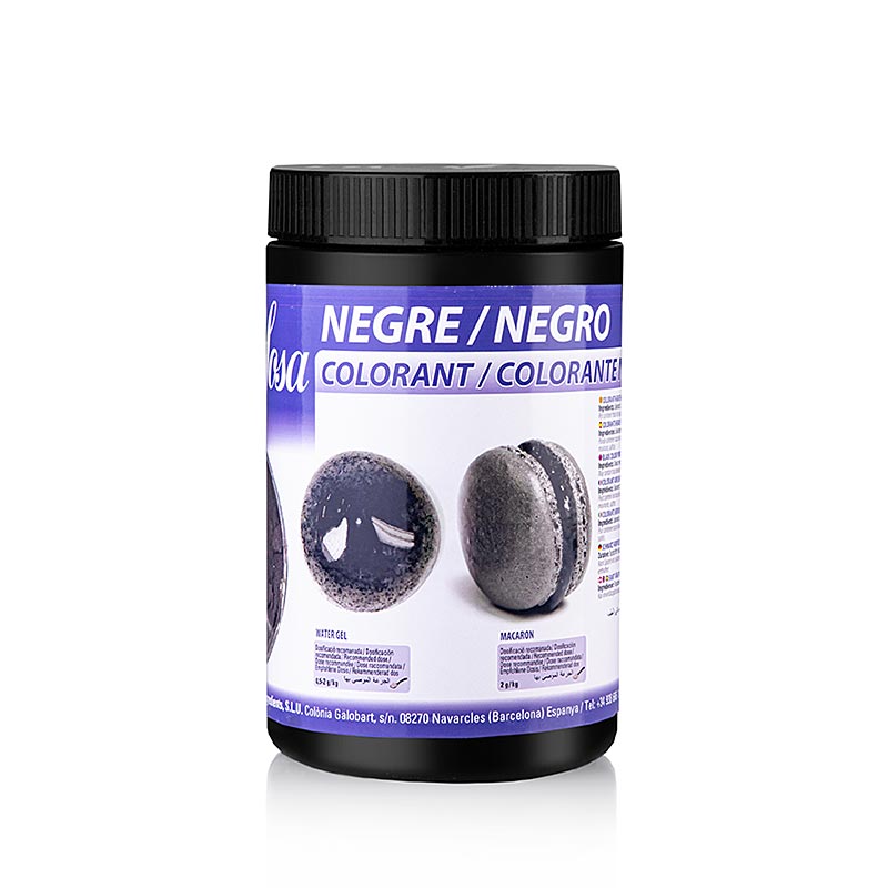 Sosa colorant alimentaire naturel, poudre, noir (charbon), soluble dans l'eau (39266), 200 g - illustration de la poudre noire dans un paquet de 200 g, soluble dans l'eau pour la coloration des aliments.