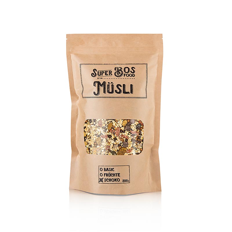 Délicieux et nutritif BOS FOOD Super Muesli - Chocolat, 500 g, un mélange de muesli au goût de chocolat rempli d'ingrédients sains pour un petit-déjeuner ou un en-cas satisfaisant.