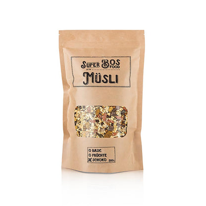 Délicieux et nutritif BOS FOOD Super Muesli - Chocolat, 500 g, un mélange de muesli au goût de chocolat rempli d'ingrédients sains pour un petit-déjeuner ou un en-cas satisfaisant.