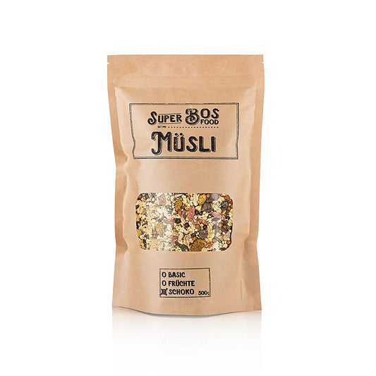 Délicieux et nutritif BOS FOOD Super Muesli - Chocolat, 500 g, un mélange de muesli au goût de chocolat rempli d'ingrédients sains pour un petit-déjeuner ou un en-cas satisfaisant.