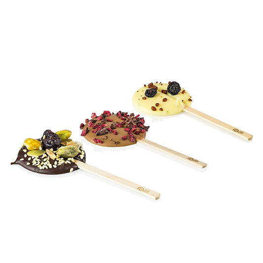 Sucette en chocolat avec 3 parfums différents, dont le chocolat au lait et le chocolat blanc