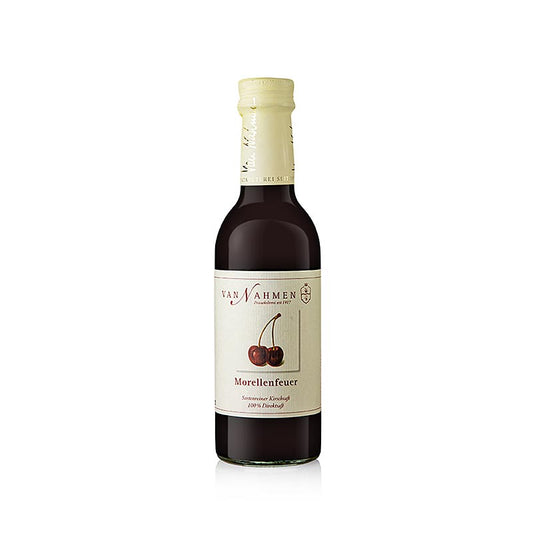 Bouteille de 250 ml de jus de cerise acide Morellenfeuer de Nahmen, 100 % de jus direct, parfait pour ajouter une riche saveur de cerise à vos recettes et boissons.