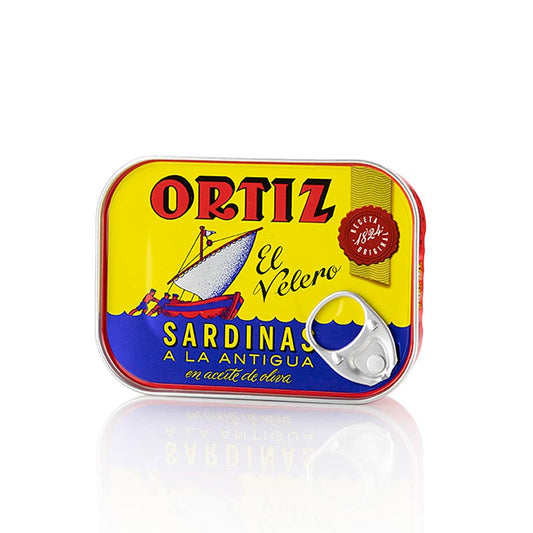 Sardines entières conservées dans de l'huile d'olive savoureuse par Ortiz, 140g