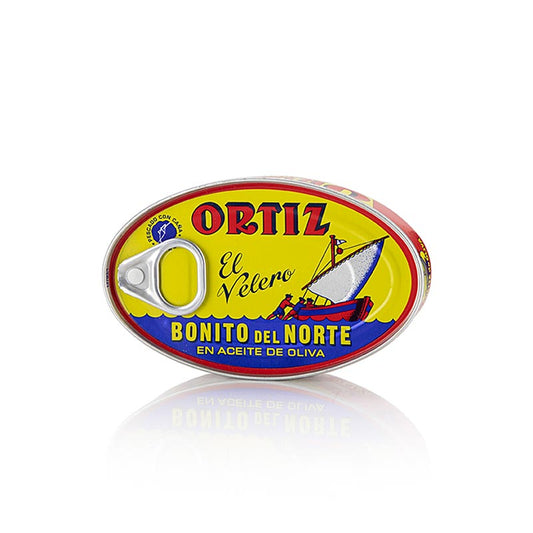 Le thon germon, également connu sous le nom de Bonito del Norte, conservé dans de l'huile d'olive de haute qualité par Ortiz, se présente dans une boîte de 112 g.