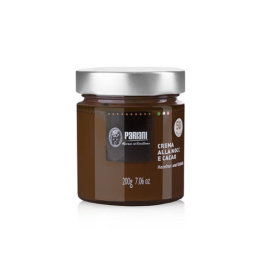 Pâte à tartiner aux noisettes et au cacao de Pariani, 200 g - une pâte à tartiner délicieuse et crémeuse à base de noisettes grillées et de cacao, idéale sur le pain ou comme garniture pour les desserts.