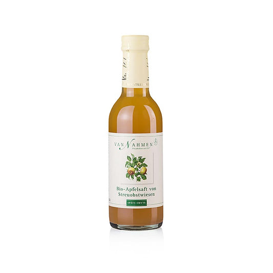 Jus de pomme biologique de la récolte tardive Orchard Meadow de Nahmen, 100% jus direct, 250 ml - Image d'une bouteille de jus de pomme biologique de Nahmen, fabriqué à partir de pommes de la récolte tardive.