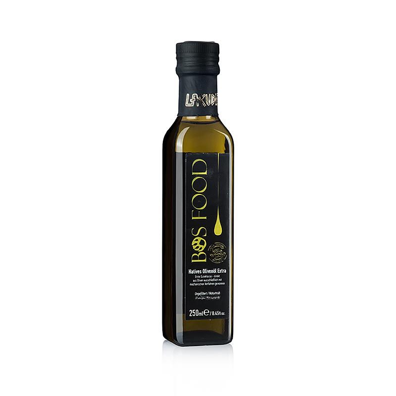 Huile d'olive extra vierge BOS FOOD, fabriquée en Grèce, Lakudia, conditionnée en bouteille de 250ml