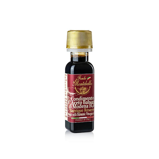 Bouteille de 20 ml de Fondo Montebello Condimento Balsamico, Bello, au goût balsamique riche et savoureux, idéal pour rehausser une variété de plats.
