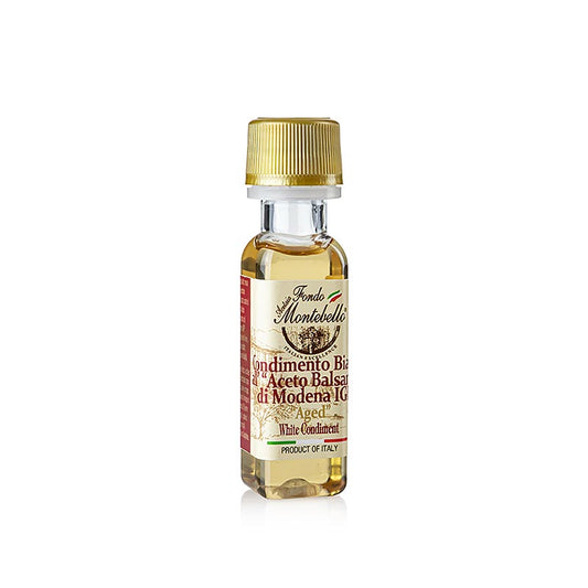 Bouteille de 20 ml de Condimento Balsamico blanc Fondo Montebello, parfait pour accompagner les salades et les plats.