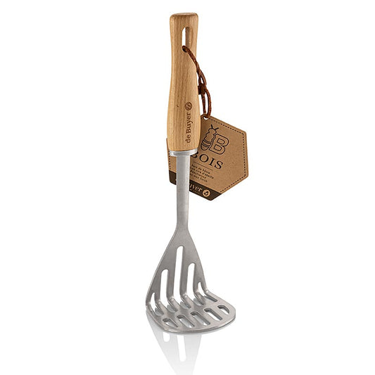 deBUYER presse-purée en acier inoxydable et bois (270103) image du produit montrant une construction de haute qualité et un design ergonomique pour une purée efficace de pommes de terre et autres légumes