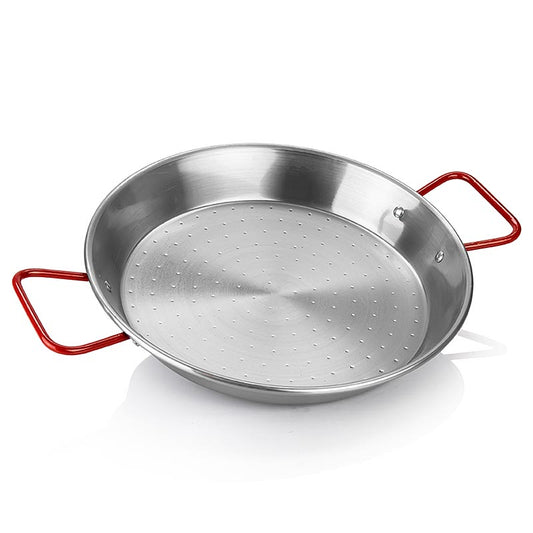 alt=deBUYER Poêle à paella Viva Espana avec poignées rouges, 40cm (502640N) pour la cuisson traditionnelle de la paella espagnole, fabriquée avec des matériaux de haute qualité, et un design durable pour une utilisation à long terme.