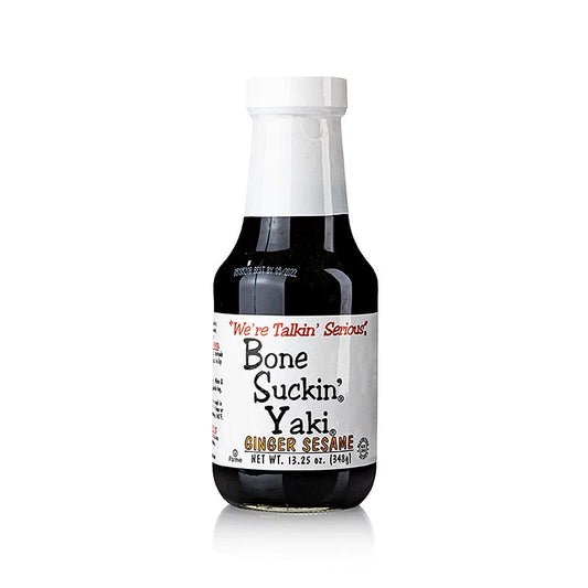 Bone Suckin' Yaki Sauce, Ginger Sesame, Ford's Food, 295 ml photo du produit présentant la délicieuse sauce en bouteille avec saveur de gingembre et de sésame