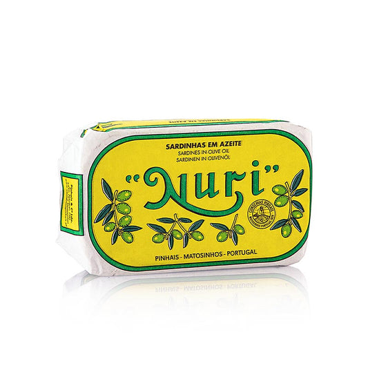 Sardines entières à l'huile d'olive, 3-5 morceaux, Nuri (Portugal), 125 g - délicieuses conserves de poisson portugaises de qualité supérieure