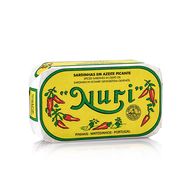 Nuri sardines à l'huile d'olive du Portugal, entières et salées, 3-5 pièces, 125 g - Image de l'emballage du produit avec des sardines à l'huile d'olive