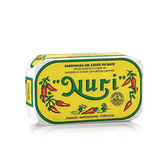 Nuri sardines à l'huile d'olive du Portugal, entières et salées, 3-5 pièces, 125 g - Image de l'emballage du produit avec des sardines à l'huile d'olive
