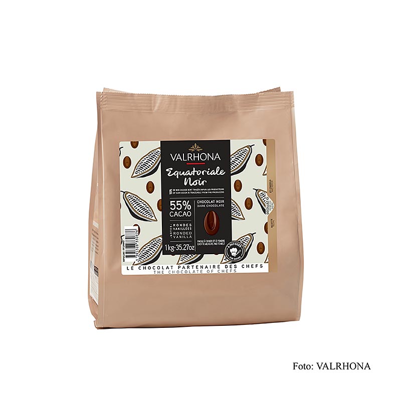 Valrhona Equatoriale Noire 55% Callets, un chocolat noir de couverture riche et onctueux dans un emballage pratique de 1 kg
