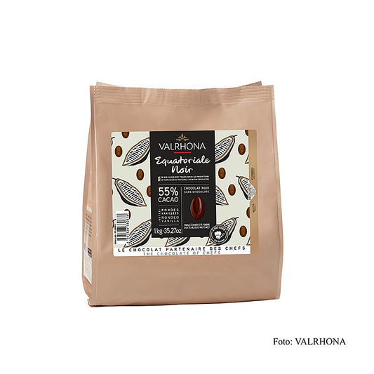 Valrhona Equatoriale Noire 55% Callets, un chocolat noir de couverture riche et onctueux dans un emballage pratique de 1 kg