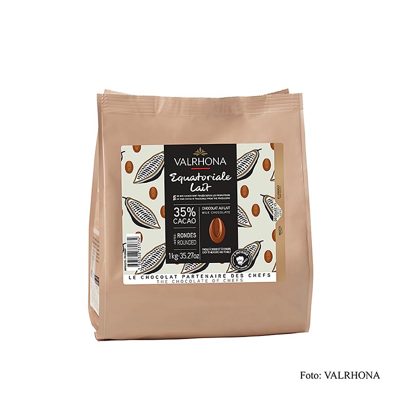 Valrhona Equatoriale Lait, couverture lait entier, callets, 35% cacao, 1 kg - chocolat au lait de couverture de haute qualité en callets pratiques de 1 kg pour la pâtisserie et la confiserie.