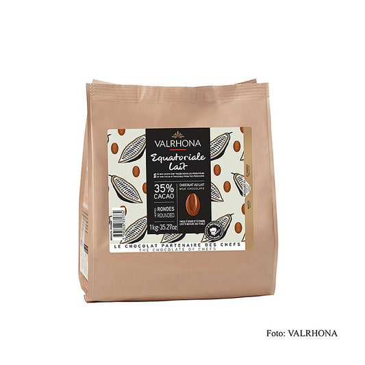 Valrhona Equatoriale Lait, couverture lait entier, callets, 35% cacao, 1 kg - chocolat au lait de couverture de haute qualité en callets pratiques de 1 kg pour la pâtisserie et la confiserie.