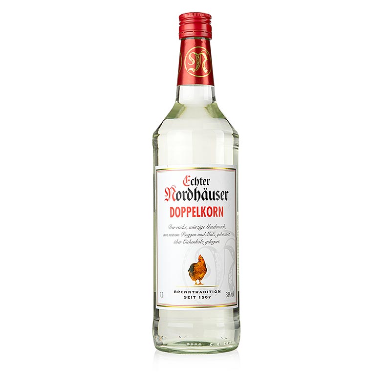 Nordhäuser Doppelkorn, une bouteille d'un litre contenant 38 % d'alcool en volume, une liqueur traditionnelle allemande.