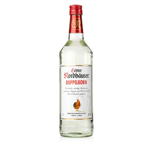 Nordhäuser Doppelkorn, une bouteille d'un litre contenant 38 % d'alcool en volume, une liqueur traditionnelle allemande.