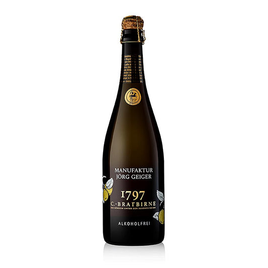Bouteille de 750 ml de vin de poire mousseux sans alcool de la poire C, produit par Jörg Geiger