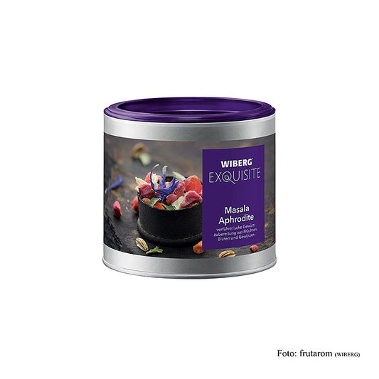 Gros plan sur Wiberg Exquisite Masala Aphrodite, un mélange d'épices de 140 g (269412), parfait pour ajouter de la profondeur et de la saveur à vos plats.