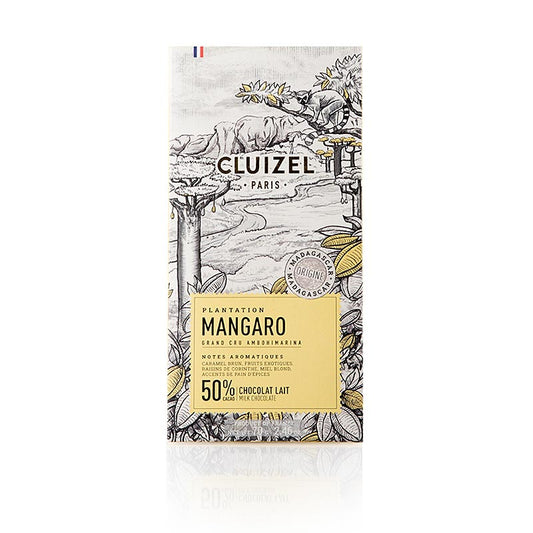 Tablette de chocolat Mangaro plantation, une tablette de chocolat au lait à 50 % de Michel Cluizel (69191), d'un poids de 70 grammes, au goût riche et crémeux.