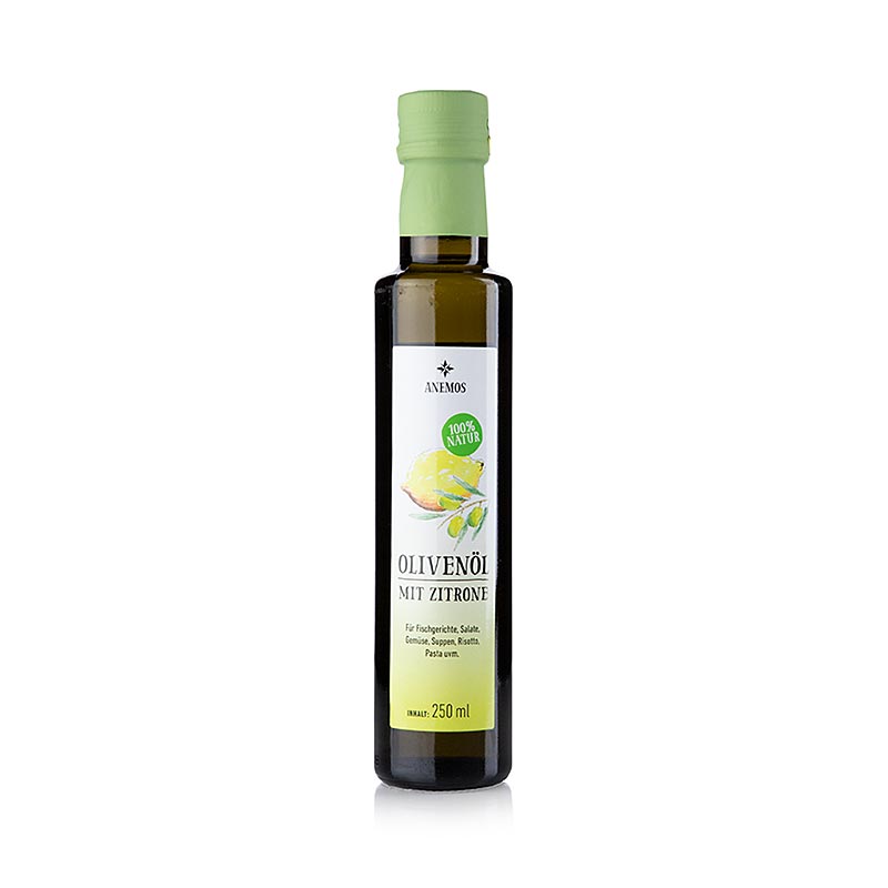 Huile d'olive ANEMOS au citron, 250 ml (anciennement Liokarpi), 250 ml - Huile d'olive grecque traditionnelle enrichie de citron frais, parfaite pour affiner les salades et les plats.