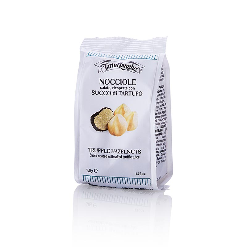 Barre snack Tartuflanghe Noisettes enrobées de jus de truffe, 50 g : un délicieux goût de truffe et des noisettes croquantes dans un emballage snack pratique
