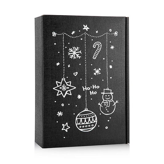 Coffret cadeau vin Seta Black X-Mas, 3-piece gift box, 360x250x90mm, 1 piece - Coffret cadeau vin de Noël noir de luxe en 3 parties, dimensions 360x250x90mm, idéal pour offrir du vin pendant les fêtes.