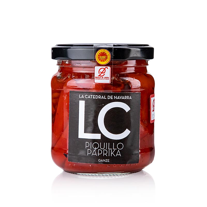 Premium Pimiento Piquillo de Lodosa, DOP/PDO, LC, 190g - Piments espagnols grillés, cueillis à la main, en bocal, parfaits pour les tapas et les plats gastronomiques.