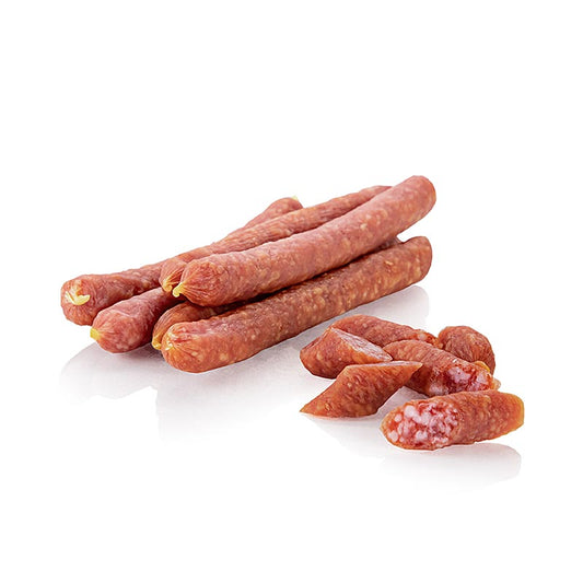 VULCANO Vulcanossi, mini-salami, 85 g, à base de viande de porc de première qualité et d'épices naturelles, parfait pour le snacking ou pour ajouter aux planches de charcuterie.