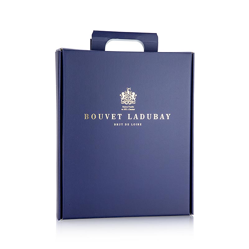 Coffret bleu pour 3 bouteilles de vin mousseux Bouvet, aspect luxueux