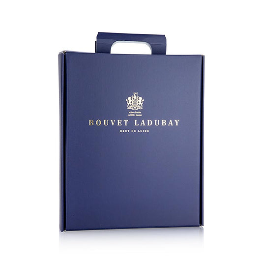 Coffret bleu pour 3 bouteilles de vin mousseux Bouvet, aspect luxueux