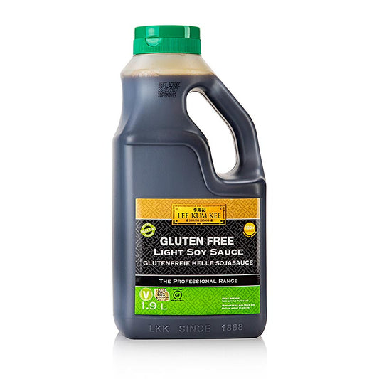 Une grande bouteille de 19 litres de sauce soja légère Lee Kum Kee sans gluten, parfaite pour cuisiner et assaisonner vos plats préférés.