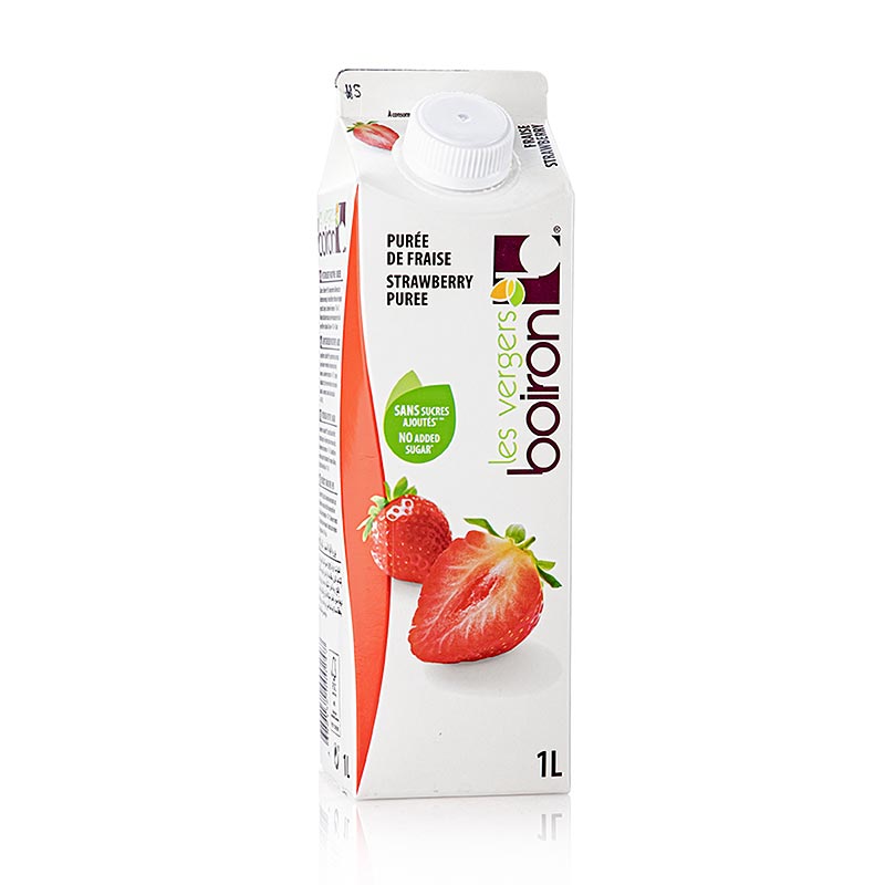 Image de la purée de fraises Boiron, pasteurisée, paquet de 1 litre, parfaite pour ajouter une délicieuse saveur de fraise à divers plats et boissons.